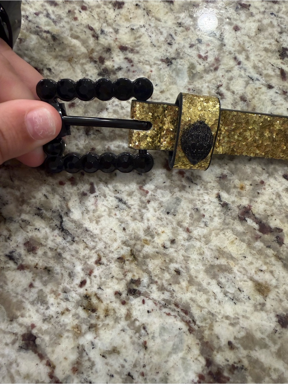 NEW Never Worn Kurt Geiger Black & Gold Glitter Women’s Belt Size XL